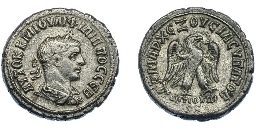 3166   -  IMPERIO ROMANO. FILIPO I. Antioquía. Tetradracma (248). A/ Busto laureado y acorazado a der. R/ Águila con alas abiertas y corona en el pico. VE 10,32 g. 27,2 mm. Prieur-445. RPC-VIII.28991. MBC-.