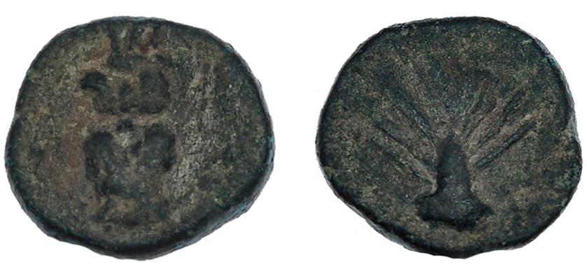 103   -  HISPANIA ANTIGUA. EBUSUS. Octavo. A/ Bes con faldellín y sosteniendo ¿martillo? R/ Palma abierta. AE 1,8 g. 12 mm. I-945. ACIP-No. MBC. Muy rara.