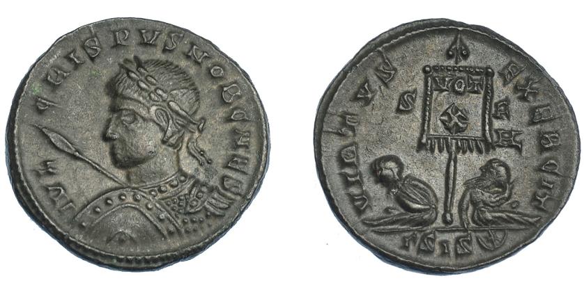 3176   -  IMPERIO ROMANO. CRISPO (bajo Constantino I). Follis. Siscia (320). R/ Dos cautivos flanqueando estandarte con VOT/X, marca de ceca S-F/GSIS (creciente con estrella). VE 2,90 g. 19 mm. RIC-130. EBC.