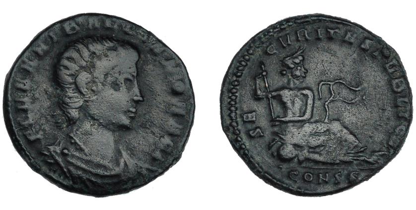 3177   -  IMPERIO ROMANO. ANIBALIANO. AE-4. Constantinopolis (336-337). R/ Éufrates recostado a izq.; SECVRITAS PVBLICA; marca de ceca CONSS. AE 1,61 g. 15,2 mm. RIC-147b. MBC-/MBC. Muy escasa.