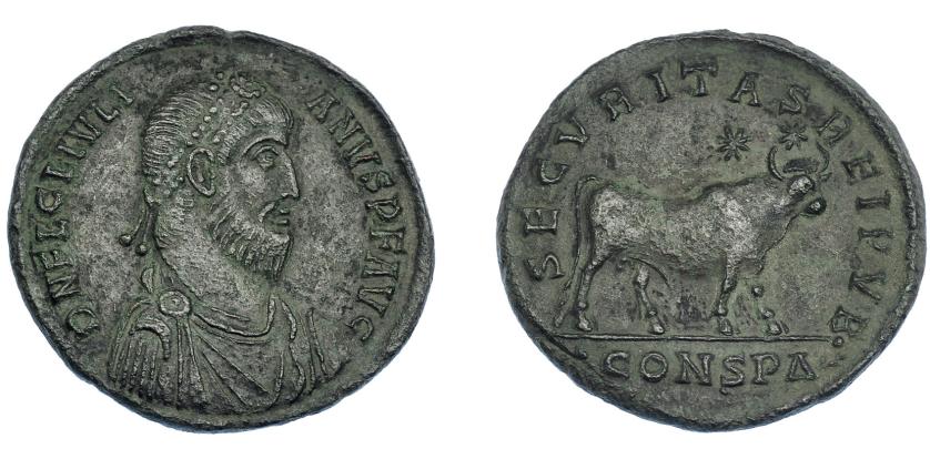 3181   -  IMPERIO ROMANO. JULIANO II. Follis. Constantinopolis. R/ Toro a der., encima estrellas; en exergo marca de ceca CONSPD rama. AE 8,69 g. 28,2 mm. RIC-167. MBC+.