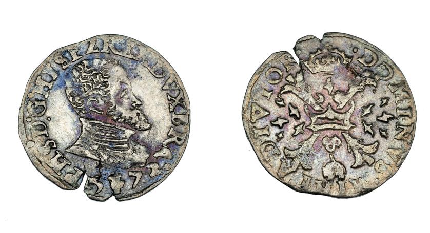 3212   -  FELIPE II. 1/10 de escudo. 1571. Amberes. Vanhoudt-308AN. Plata agria. Acuñación floja. MBC.