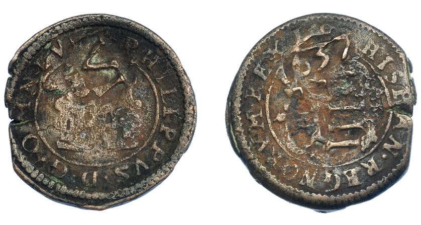 3219   -  FELIPE IV. Resello VI maravedís 1637. Madrid y resello IIII maravedís sobre 2 maravedís. de Felipe II ingenio 1602. JS-646. BC+. Rara.