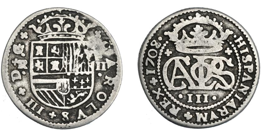 3235   -  CARLOS III PRETENDIENTE. 2 reales. 1708. Barcelona. AC-29. BC+.
