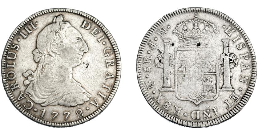 3257   -  CARLOS III. 8 reales. 1772. México MF invertido. VI-931.Resellos orientales.  MBC-. Escasa.