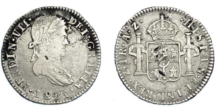 3304   -  FERNANDO VII. Real. 1821. Zacatecas. AZ. VI-599. Golpes en rev. y oxidaciones. MBC-/MBC. 