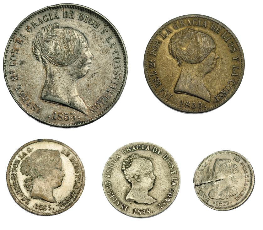 3331   -  ISABEL II. Lote de 5 piezas falsas de época: 20 reales 1855 metal blanco, 4 reales 1848 Madrid metal blanco, 4 escudos 1867 Madrid metal blanco, 10 reales 1855 Barcelona latón y 40 céntimos de escudo 1865 Madrid latón plateado. MBC-/MBC. El 4 escudos con corte de cizalla.