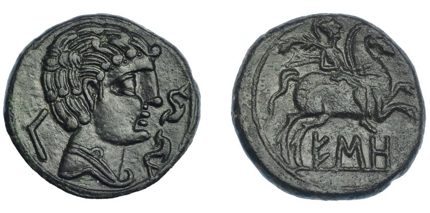 119   -  HISPANIA ANTIGUA. ESO. Unidad. A/ Cabeza masculina a der., delante dos delfines, detrás Ke. R/ Jinete con palma a der., debajo ESO. AE 10,16 g. 25,4 mm. I-1291. ACIP-1290. Pátina verde oscuro. EBC/EBC-. 