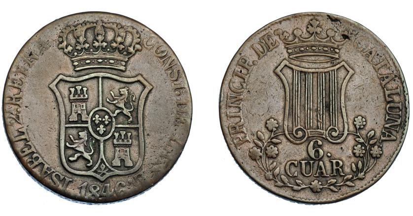 3333   -  ISABEL II. 6 cuartos. Barcelona. Flores de 7 pétalos. VI-238. Golpecito en canto. MBC.