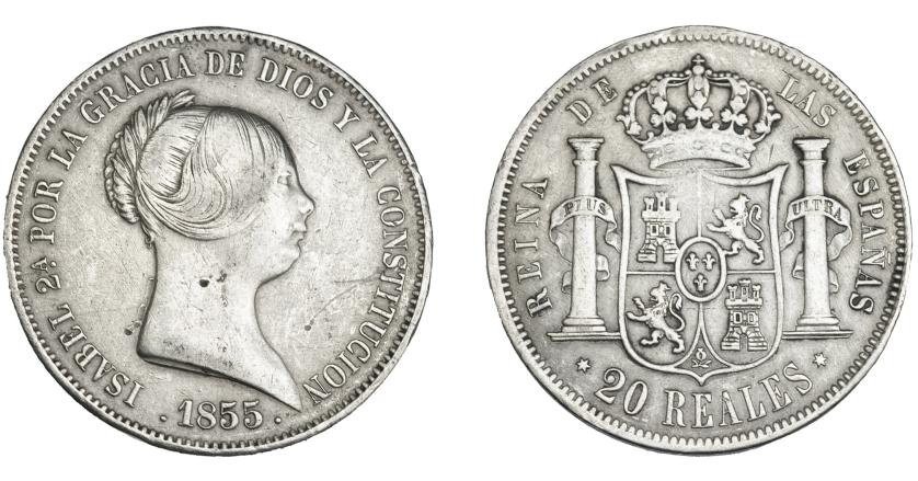 3342   -  ISABEL II. 20 reales. 1855. Madrid. VI-511. Pequeñas marcas. MBC-. 