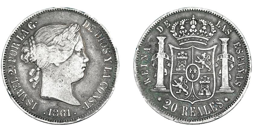 3344   -  ISABEL II. 20 reales. 1861. Madrid. VI-517. Golpecitos en canto. MBC-.