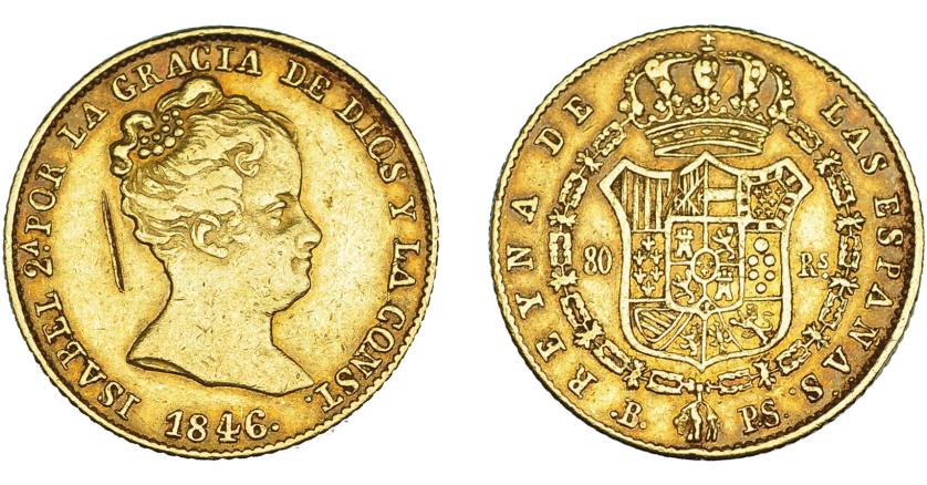 3347   -  ISABEL II. 80 reales. 1846. Barcelona. PS. VI-589. Raya en anv. MBC.
