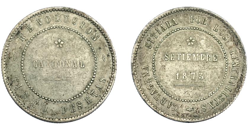 3349   -  REVOLUCIÓN CANTONAL. 5 pesetas. 1873. Cartagena. 80 perlas en la gráfila interior del anv. No coincidente sobre eje horizontal. VII-30. MBC-.