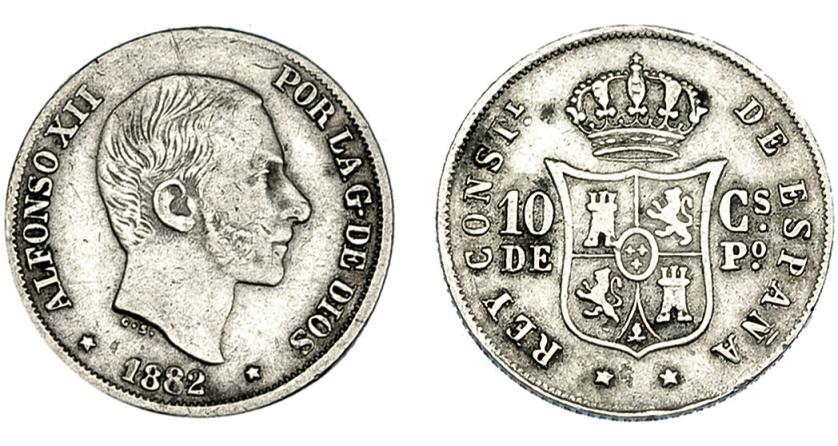 3350   -  ALFONSO XII. 10 centavos. de peso. 1882. Manila. VII-53. MBC-.