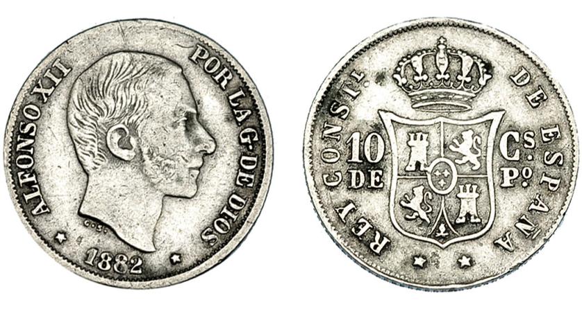 3350 - ALFONSO XII. 10 centavos. de peso. 1882. Manila. VII-53. MBC-.