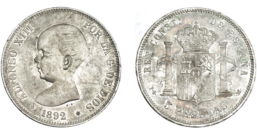 3356   -  ALFONSO XIII. 5 pesetas. 1892 *18-92. Madrid. PGM. VII-183. Rayitas. EBC-.