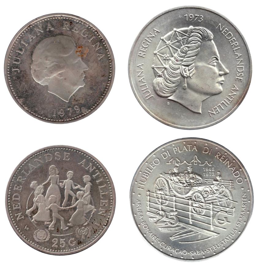 3373   -  MONEDAS EXTRANJERAS. ANTILLAS HOLANDESAS. Lote de 2 monedas: 25 gulden de 1973 y 1979. SC y prueba.