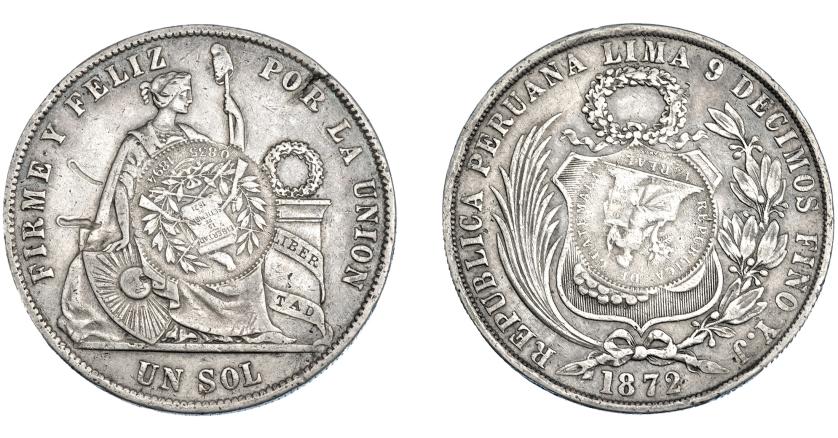 3381   -  MONEDAS EXTRANJERAS. GUATEMALA. 1 peso. 1894. Resello de 1/2 real de Guatemala de 1894, sobre un sol (Perú) de 1872. Y.J. KM-224. Defecto de cospel y rayas. MBC.