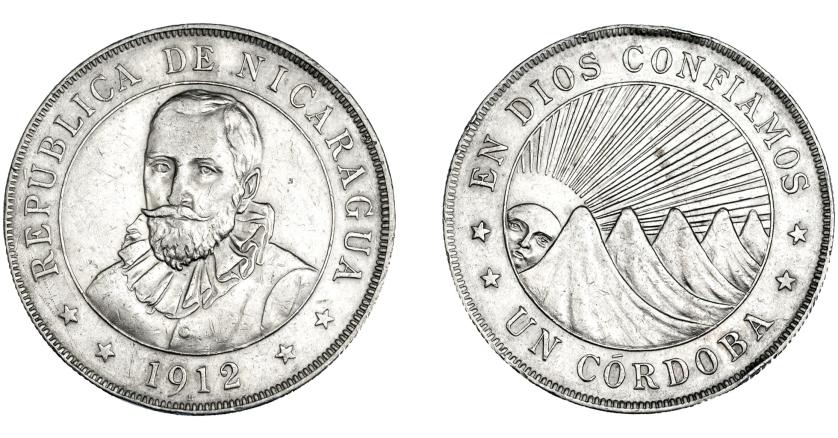 3393   -  MONEDAS EXTRANJERAS. NICARAGUA. 1 córdoba. 1912. KM-16. Golpecitos en canto. MBC+.