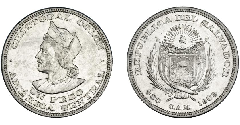 3402   -  MONEDAS EXTRANJERAS. EL SALVADOR. 1 peso. 1909. Cristóbal Colón. KM-115.2. EBC-. 