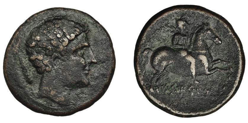 126   -  HISPANIA ANTIGUA. ILTIRKESKEN. Unidad. A/ Cabeza masculina a der., detrás espiga. R/ Jinete con palma a der.; debajo ley. ibérica ILTiRKeSKeN. AE 16,4 g. 30,7 mm. I-1446. ACIP-1385. MBC-.