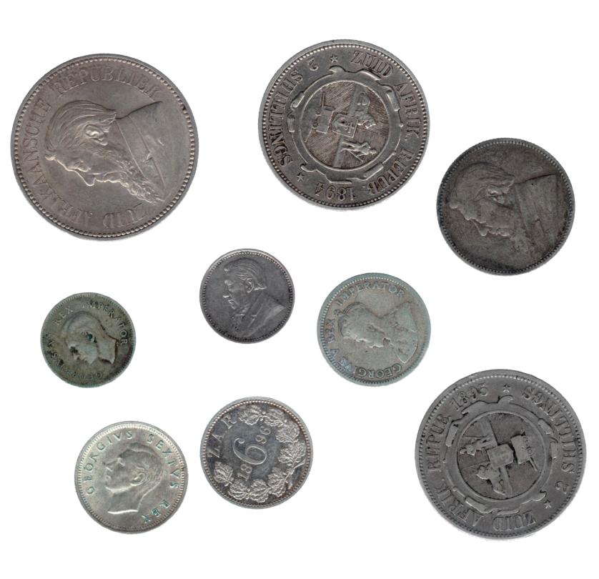 3403   -  MONEDAS EXTRANJERAS. SUDÁFRICA. Lote de 9 monedas: 2 shillings de 1894 y 1895; 1 shilling de 1894;  1/2 shilling  de 1897; 6 peniques de 1896,1950 y 1932; 3 peniques de 1897 y 1943. MBC-/EBC.