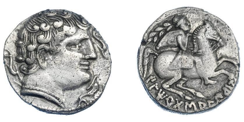 127   -  HISPANIA ANTIGUA. ILTIRTA. Denario. A/ Cabeza masculina con collar a der., alrededor tres delfines. R/ Jinete con palma y clámide a der., debajo ILTiRTaSALIRBaN. AR 4,00 g. 17,8 mm. I-1455. ACIP-1233. MBC. Escasa.