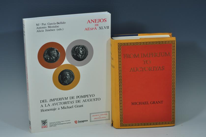 3428   -  LIBROS. Lote de 2 libros: M. Grant. From Imperium to auctoritas.  1978. Cambridge. Cambridge University Press; y M.P. García Bellido, A. Mostalac y A. Jiménez (eds.). Del IMPERIVM de Pompeyo a AVCTORITAS de Augusto. Homenaje a Michael Grant. 2008. Madrid. CSIC.