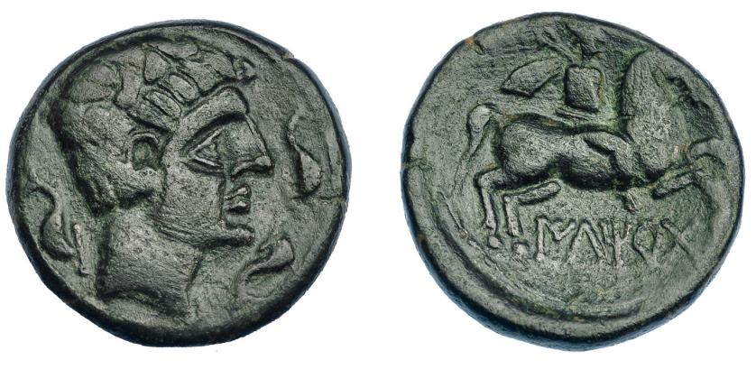 129   -  HISPANIA ANTIGUA. ILTIRTA. Unidad. A/ Cabeza masculina a der., alrededor tres delfines. R/ Jinete con palma y clámide a der., debajo sobre línea ILTiRTa. AE 11,75 g. 24,3 mm. I-1465. ACIP-1255. Campos repasados. Pátina verde. MBC. Muy rara.