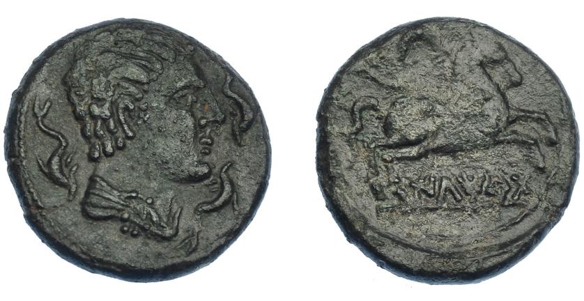 131   -  HISPANIA ANTIGUA. ILTIRTA. Semis. A/ Cabeza masculina con cuello vestido a der., alrededor tres delfines. R/ Caballo con rienda suelta a der., encima creciente, debajo sobre línea ILTiRTa. AE 6,72 g. 20,7 mm. I-1467. ACIP-1262. Pátina verde oscuro algo rugosa. MBC/MBC-. Muy escasa.