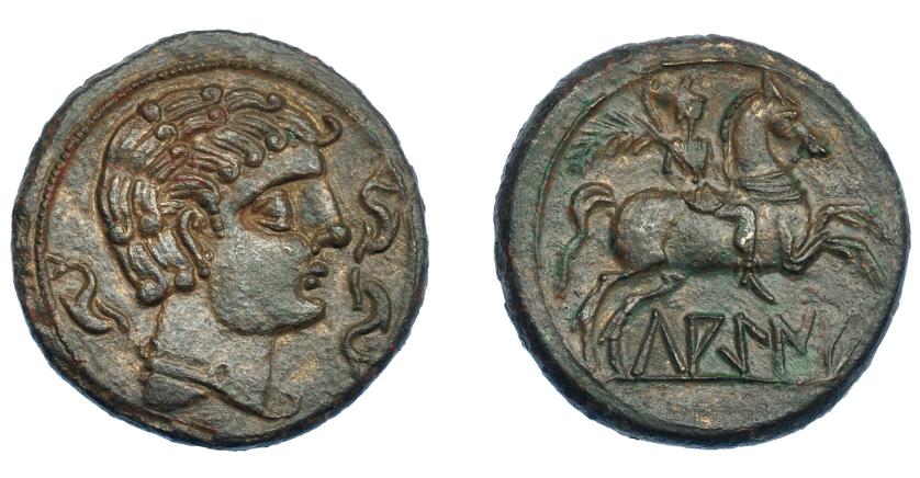 133   -  HISPANIA ANTIGUA. LAKINE. Unidad. A/ Cabeza masculina con torques a der., alrededor tres delfines. R/ Jinete con palma a der., debajo sobre línea LAKiNE. AE 9,47 g. 26,1 mm. I-1655. ACIP-1505. EBC/EBC-. 