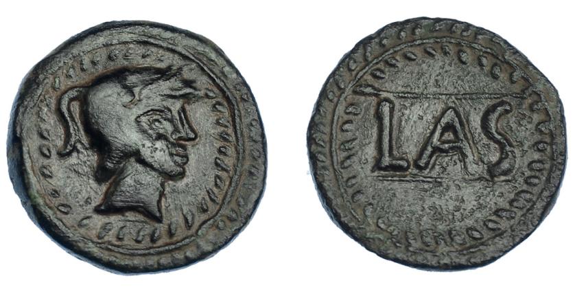 135   -  HISPANIA ANTIGUA. LASTIGI. Cuadrante. A/ Cabeza con casco a der., alrededor láurea. R/ LAS entre líneas y dentro de laúrea. AE 4,4 g. 19,4 mm. I-1680. ACIP-2374. Pátina verde oscuro. Bonita acuñación. MBC+/EBC-. Escasa.