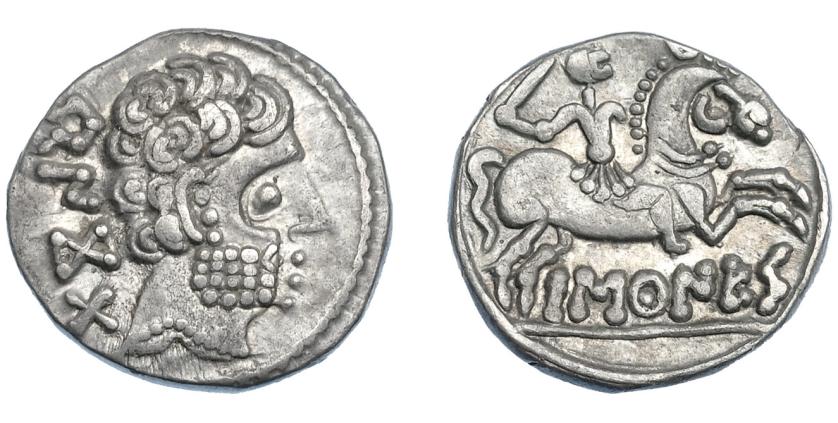 14   -  HISPANIA ANTIGUA. BASKUNES. Denario. A/ Cabeza masculina a der., detrás BeNKoTa. R/ Jinete con espada a der., debajo, sobre línea, BaSKuNES. AR 3,90 g. 16,6 mm. I-215. ACIP-1630. MBC+/MBC.