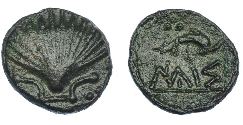 154   -  HISPANIA ANTIGUA. ARSE-SAGUNTUM. Cuarto. A/ Venera. R/ Delfín a der., encima tres glóbulos, debajo sobre línea AIUBaS. AE 3,28 g. 17,2 mm. I-2051. ACIP-1998. Pátina verde. MBC.