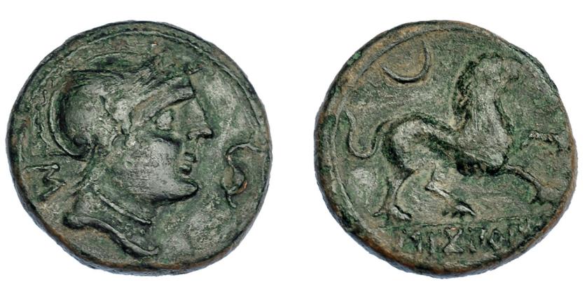 171   -  HISPANIA ANTIGUA. SEKOBIRIKES. Mitad. A/ Cabeza femenina con casco a der., delante delfín, detrás signo ibérico S. R/ León a der., encima creciente, en exergo SEKoBiRIKeS. AE 4,92 g. 18,9 mm. I-2180. ACIP-1877. Pátina verde. MBC+/MBC. Muy escasa.