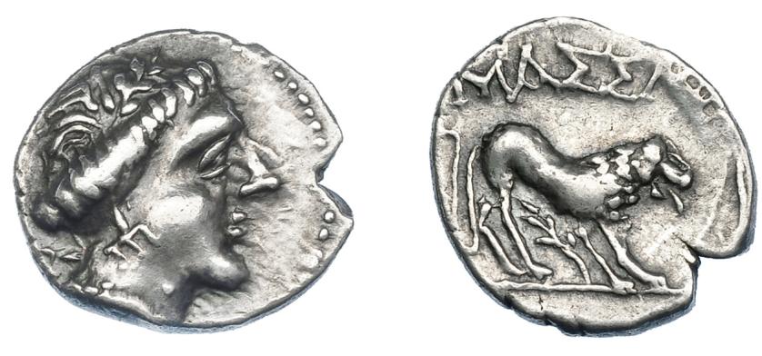 194   -  GRECIA ANTIGUA. GALIA. Masalia. Dracma (225-200 a.C.). A/ Busto de Ártemis a der. R/ León a der., encima ΜΑΣΣΑ y rama entre las patas. AR 2,72 g. 15,87 mm. De La Tour-859. MHM-17/9. Cospel abierto. MBC+. Ex colección Guadán 1226.