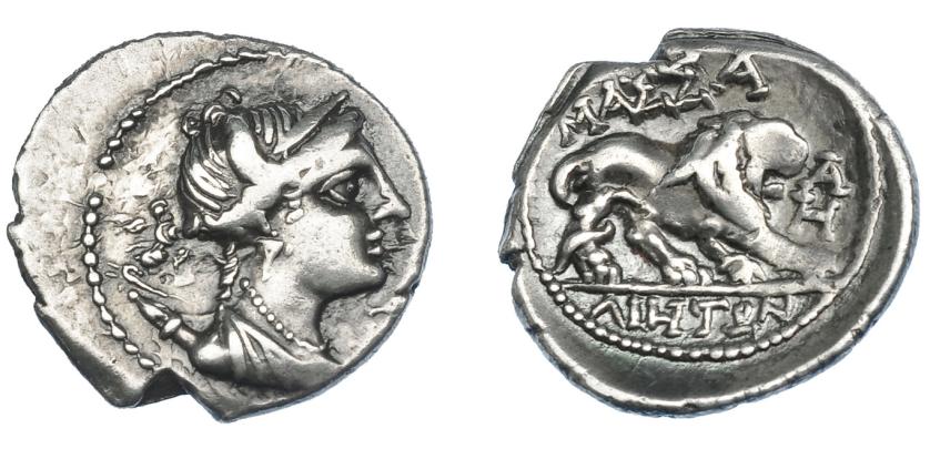 195   -  GRECIA ANTIGUA. GALIA. Masalia. Dracma (200-150 a.C.). A/ Cabeza diademada de Ártemis a der. con arco y carcaj. R/ León a der.; ΜΑΣΣΑ/ΛΙΗΤΩΝ, a la der. A sobre H. AR 2,70 g. 17,84 mm. COP-752. SBG-77 vte. Cospel abierto. MBC. Ex colección Guadán 1225.