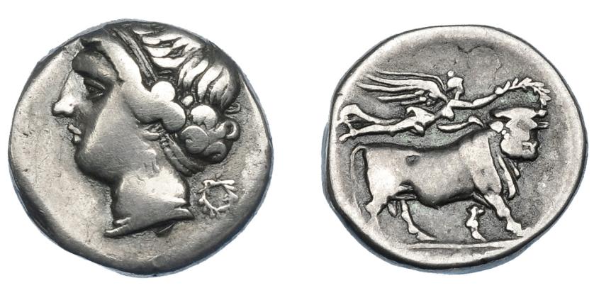 212   -  GRECIA ANTIGUA. CAMPANIA. Neapolis. Dracma (325-241 a.C.). A/ Cabeza de ninfa a izq., detrás corona. R/ Toro androsopo a der. coronado por Nike. Ar 3,55 g. 16,22 mm. COP-no. SBG-no. MBC-. Ex colección Guadán 1322.