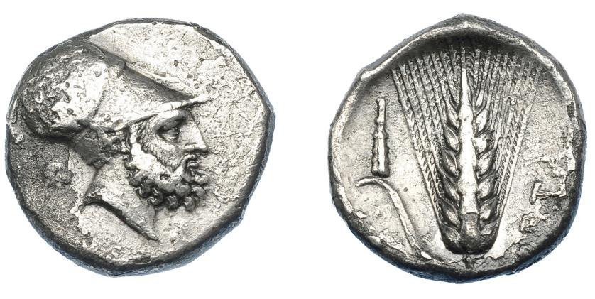 216   -  GRECIA ANTIGUA. LUCANIA. Metaponto. Didracma (360-300 a.C.). A/ Cabeza de Leucipo con casco a der., detrás cabeza de león. R/ Espiga, a izq. clava y AMI, a der. (M)ETA. AR 7,12 g. 21,26 mm. COP-1208. SBG-415 vte. Erosiones. MBC. Ex colección Guadán 1416.