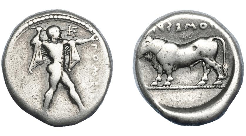 221   -  GRECIA ANTIGUA. LUCANIA. Poseidonia. Estátera (480-400 a.C.). A/ Poseidón blandiendo tridente a der., delante POSEI. R/ Toro sobre línea de puntos a izq., encima POSEIDA(N) retrógrada. AR 8,50 g. 19,52 mm. COP-1285. SBG-424 vte. MBC-.  Ex colección Guadán 1436.