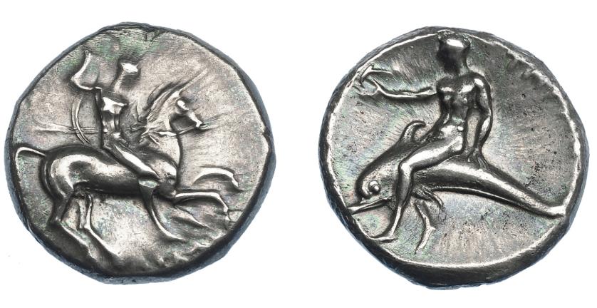 232   -  GRECIA ANTIGUA. CALABRIA. Tarento. Didracma (302-290 a. C.). A/ Jinete con escudo y lanza a der., debajo restos de ley. ilegible. R/ Taras con pequeño delfín cabalgando delfín a der., detrás TARAS poco visible. AR 7,90 g. 20,6 mm. COP-871 vte. SBG-No. MBC+. Ex colección Guadán 1377.