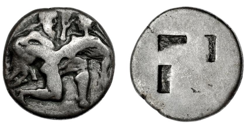 245   -  GRECIA ANTIGUA. TRACIA. Tasos. Estátera (525-463 a.C.). A/ Sátiro y ninfa. R/ Cuadrado incuso. AR 8,27 g. 20,9 mm. COP-1010 ss. SBG-1746. BC+.