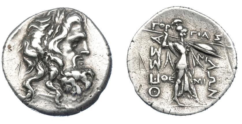 262   -  GRECIA ANTIGUA. TESALIA. Liga tesalia. ¿Doble victoriato? (196-146). A/ Cabeza de Zeus coronado de espigas a der. R/ Atenea Itonia a der., delante y detrás QESSALWN, encima GOR-GIAS, debajo QE-MI, debajo del escudo NI. AR 5,96 g. 22,2 mm. COP-271. SBG-2232 vte. Rayitas. MBC. Ex colección Guadán 1927.