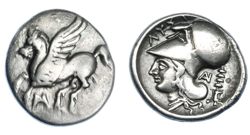 264   -  GRECIA ANTIGUA. ACARNANIA. Anactorion. Estátera (300-250 a.C.). A/ Pegaso volando a izq., debajo monograma. R/ Cabeza de Atenea a izq., delante LUS, detrás de la cabeza monograma y timiaterio. AR 8,24 g. 22,3 mm. COP-295. SBG-2248 vte. MBC/MBC-. Ex colección Guadán 2006. 