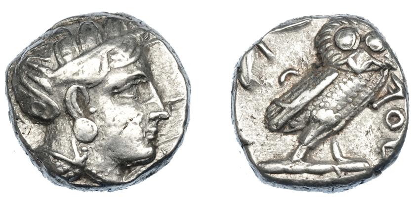 270   -  GRECIA ANTIGUA. ÁTICA. Atenas. A/ Cabeza de Atenea a der. R/ Lechuza con rama de olivo. AR 17,19 g. 22,2 mm. COP-34 ss. MBC-/MBC. 