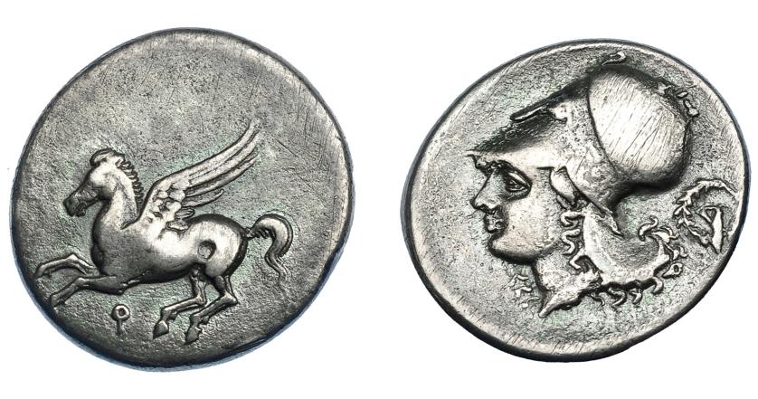 272   -  GRECIA ANTIGUA. CORINTIA. Corinto. Estátera (c. 315 a.C.). A/ Pegaso volando a der., debajo q. R/ Cabeza de Atenea con casco y láurea a izq., detrás D? dentro de láurea. AR 8,23 g. 20,8 mm. COP-84. SBG-2626 vte. Rayitas. MBC-. Ex colección Guadán 2092.