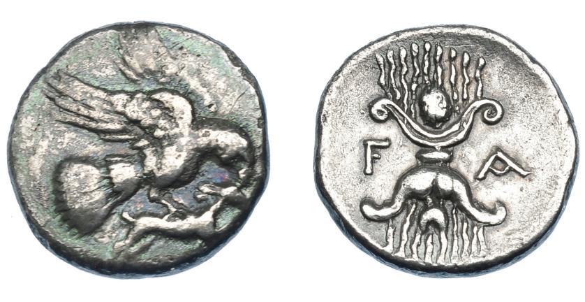 277   -  GRECIA ANTIGUA. ÉLIDE. Olimpia. Dracma (323-270 a.C.). A/ Águila a der. atacando liebre. R/ Haz de rayos adornado, en campo F-A. AR 4,44 g. 18,3 mm. COP-no. SBG-2878 vte. (hemidracma). MBC-/MBC. Ex colección Guadán 2155.