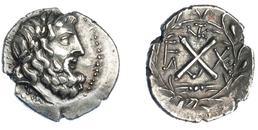 278   -  GRECIA ANTIGUA. ACAYA. Elis. Hemidracma (191 a.C.). A/ Cabeza laureada de Zeus a der. R/ Monograma AX, FA a izq., XE  a der., encima ANT y debajo haz de rayos. AR 2,28 g-17,1 mm. COP-300. SBG-2994. Cospel abierto. MBC+. Ex colección Guadán 2151.