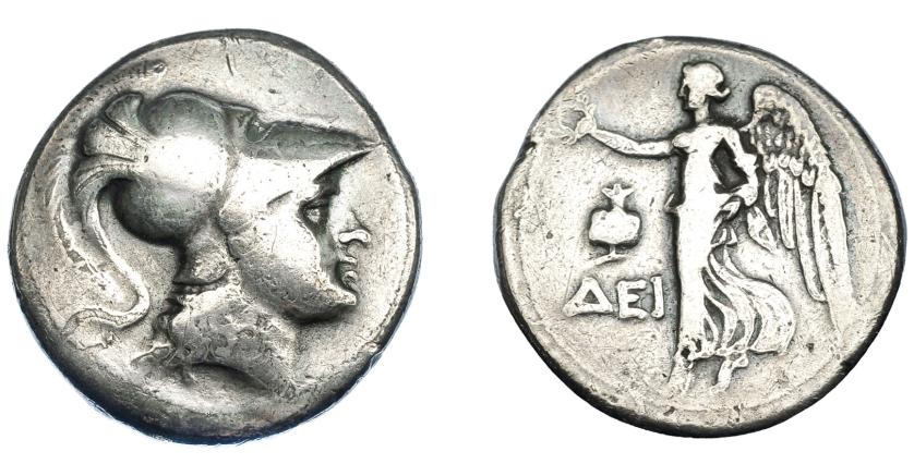 296   -  GRECIA ANTIGUA. PANFILIA. Side. Tetradracma (c. 200 a.C.). A/ Cabeza de Atenea a der. R/ Nike avanzando a izq., delante granada y DEI. AR 16,10 g. 28,2 mm. COP-392. SBG-5433 vte. (ley. rev.). BC+. Ex colección Guadán 2434. 