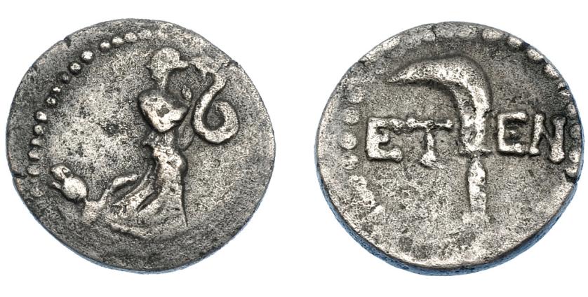 298   -  GRECIA ANTIGUA. PISIDIA. Etemna. S. I a.C. A/ Figura femenina avanzando a der. con serpiente. R/ Cuchillo en forma de hoz; ET-EN. AR 2,65 g. 15,7 mm. Aulock-5018 (AE). Porosidades. MBC-. 